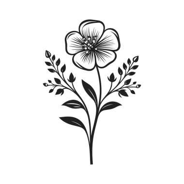 Narin bir çiçek ve yaprakların el çizimi, sanatsal projeler için karmaşık bir çiçek tasarımı.