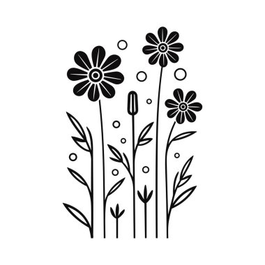 Uzun Çiçekler ve Doğa ve Tasarım Konseptleri için Dairesel Aksanlar içeren Siyah ve Beyaz Çiçek İllüstrasyonu