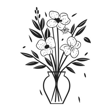 Çeşitli Yapraklar ve Kökler ile izole vazoda zarif Siyah ve Beyaz Çiçek Düzenlemesi