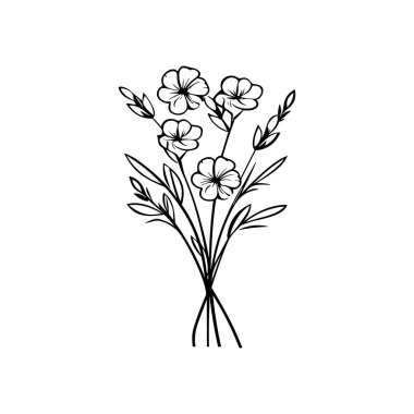 Zarif Siyah ve Beyaz Çiçek Buketinin Minimalist Tarzlı Yaprakları ve Çiçekleri Gösterimi