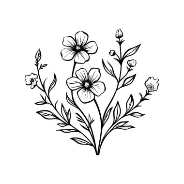 Zarif El Çizimi Çiçek Kompozisyonu Çeşitli Yapraklar ve Yapraklar Zarif Siyah Çizgili Sanat Tarzı