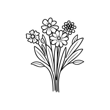 Ayrıntılı Çizgi Yaprak ve Kökler Minimalist Tarzında Bir Buket Yaban Çiçeği Çizimi