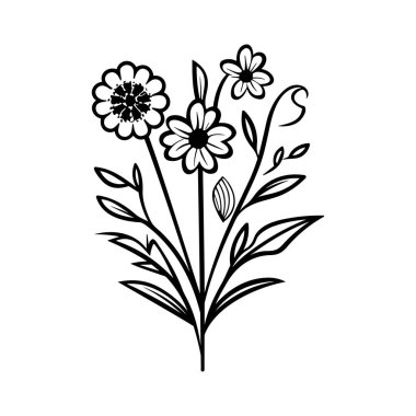 Çeşitli Çiçek Türleri ve Sanatsal Kullanım İçin Yeşillik Elementleri içeren Siyah ve Beyaz Çiçek Resimleri