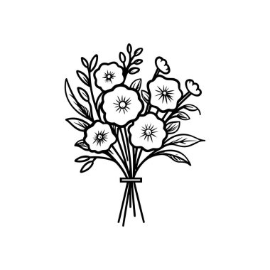 Narin taç yapraklarıyla el çizimi çiçek buketi ve sanatsal projeler için siyah beyaz çizimler.