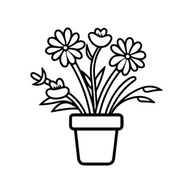 Minimalist Ev Dekorasyonu veya Grafiksel Tasarım İçin Çiçek Açan Çeşitli Çiçeklerle Basit Çizgi Sanat Saksısı