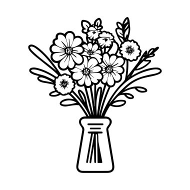 Ev Dekorasyonu ve Grafiksel Tasarım Projeleri İçin Basit Cam Vazoda Zarif El Çizimi Çiçek Buketi