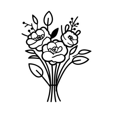 Sanatsal ve Yaratıcı Projeler İçin Yapraklı ve Köklü Güllerin Zarif Siyah ve Beyaz Çiçek İllüstrasyonu