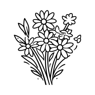 Yapraklı ve kelebekli papatya çiçekleri içeren el çizimi bir resim.