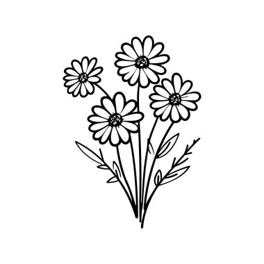 Siyah ve Beyaz Basit Çiçek Buketi Zarif Yapraklar ve Yapraklar Minimalist Tarzında