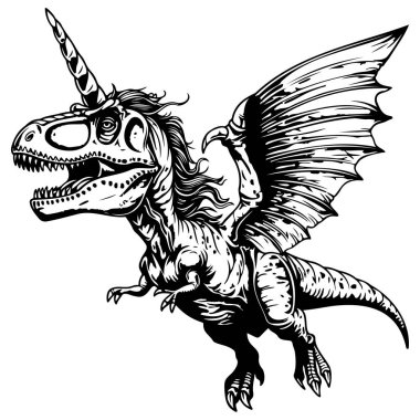 Kanatlı bir dinozor ve Siyah ve Beyaz Çizimde Tek Boynuzlu At Boynuzu içeren Efsanevi Yaratık