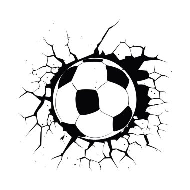 Siyah ve Beyaz Futbol Topu Kırık Doku ve Kalın Çizim Tasarımı ile Duvardan Kırılıyor