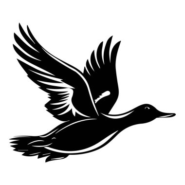 Siyah ve Beyaz Sanatsal Kanatları Genişletilmiş Uçan Ördeğin Silueti