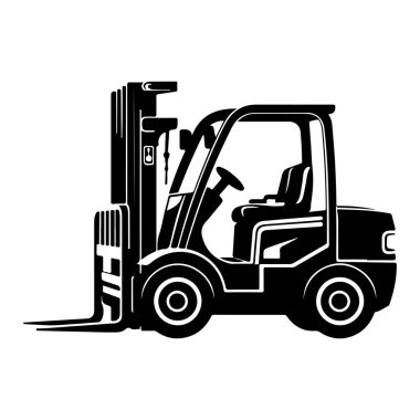 Profil görünümünde bir forkliftin siyah silueti endüstriyel ekipman ve malzeme taşıma becerilerini gösteriyor