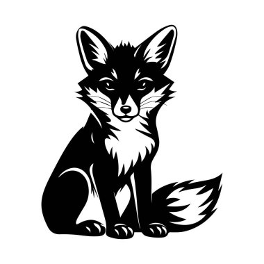 Ayrıntılı Kürk ve İfade Edici Özellikleri Olan Oturan Tilki 'nin Zarif Siyah ve Beyaz Çizimi