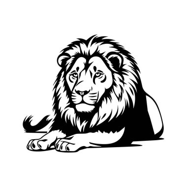 Görkemli Aslan Siyah ve Beyaz Tutulan Kalın Çizgiler ve Çarpıcı Özelliklerle Minimalist Tarzında Dinleniyor