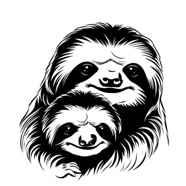 İki tembel hayvanın sevimli bir şekilde kucaklaşması. Oyuncak ve iç açıcı siyah ve beyaz bir tasarım.