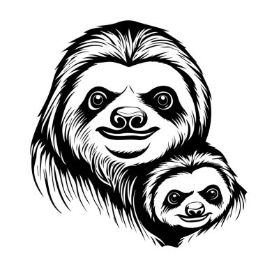 Doğayı Sevenler için Siyah-Beyaz Çizgi Sanat Tasarımı 'nda Tembel Ebeveynler ve Bebeklerin İllüstrasyonu