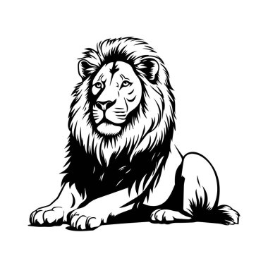 Vahşi Yaşam ve Doğa Teması İçin Tek Renk Biçimli Cesur Mane ile Görkemli Aslanın Ayrıntılı İllüstrasyonu