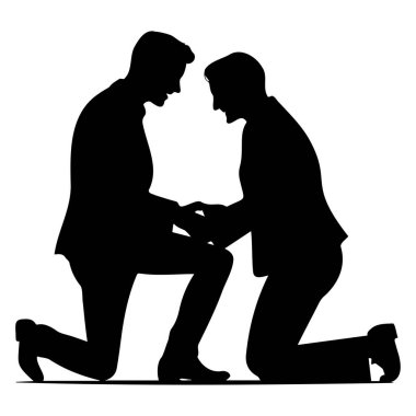 İki adamın romantik silueti, biri dizlerinin üzerinde evlenme teklif ediyor, kalpten bir aşk ve bağlılık anı yakalıyor.