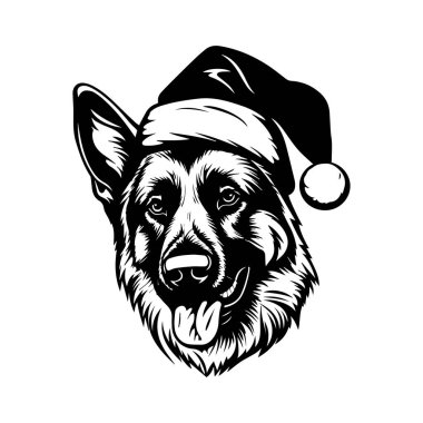 Bayram kutlamaları ve bayram dekorasyonları için Noel Baba Şapkalı Mutlu Noeller Alman Çoban Köpeği