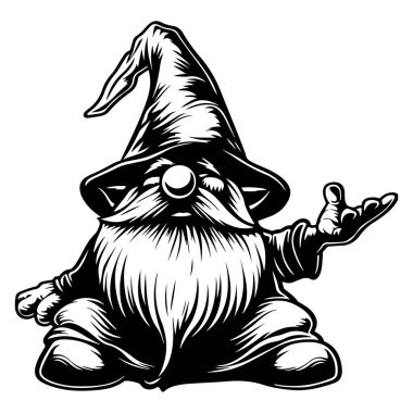 Sivri şapkalı ve neşeli hareketli kaprisli bir cücenin siyah-beyaz çizimi