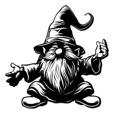 Siyah ve Beyaz Çizimde Uzun Şapkalı ve Neşeli İfadesi Olan Tuhaf Cüce Karakteri