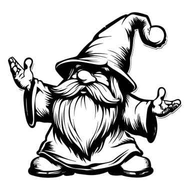 Uzun Sakallı ve Sivri Şapkalı Neşeli Büyücünün Tuhaf Siyah ve Beyaz Çizimi