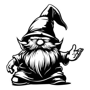 Komik şapkalı ve uzun sakallı oyuncu cüce, karikatür tarzında şakacı hareketler yapıyor.