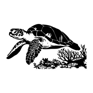 Okyanus çevresinde yüzen bir deniz kaplumbağasının şekillendirilmiş siyah-beyaz tasviri.