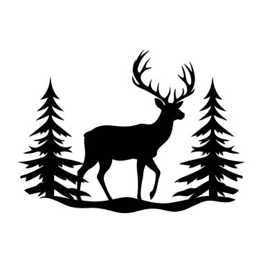 Muhteşem bir geyiğin silueti Ağaçların arasında yürüyor Güzel bir orman manzarasında