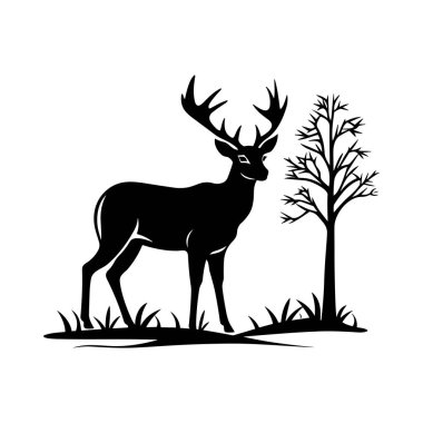 Minimalist siyah beyaz bir tasarım içinde bir ağacın yanında duran görkemli bir geyik silueti.