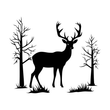 Görkemli Geyik Silueti Yapraksız Ağaçlar ve Çimenli Topraklarla çevrili Doğa Sahnesi