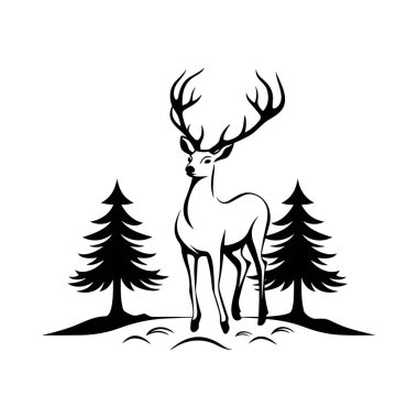 Minimalist Doğa Sahnesinde Çam Ağaçlarıyla çevrili zarif Geyik Silueti