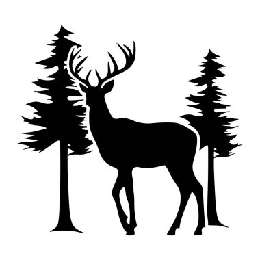 Bir geyiğin görkemli silueti huzurlu bir orman manzarasında yüksek çam ağaçları arasında zarif bir şekilde duruyor.