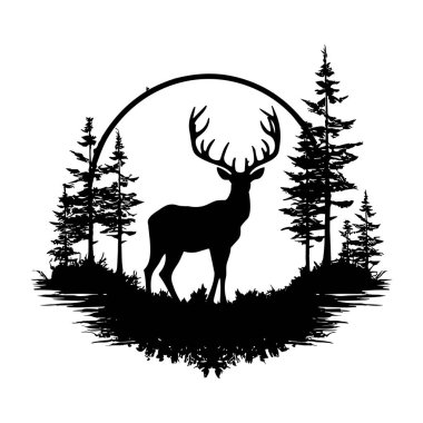 Çam ağaçlarıyla çevrili Görkemli Geyik Silueti ve Çevre dostu Tasarım Kullanımı için Doğal Peyzaj