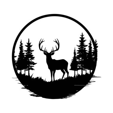 Görkemli Geyiğin Silueti Çevrelenmiş Çam Ağaçları Suyun Yansımalarıyla Dairesel Tasarım