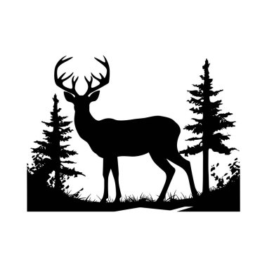 Alacakaranlık veya Şafak 'taki Doğal Manzaradaki Uzun Ağaçlar Arasındaki Görkemli Geyik Silueti