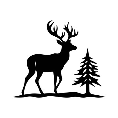 Minimalist bir doğa sahnesinde stilize edilmiş yeşil bir ağacın yanında duran görkemli bir geyiğin siyah silueti.