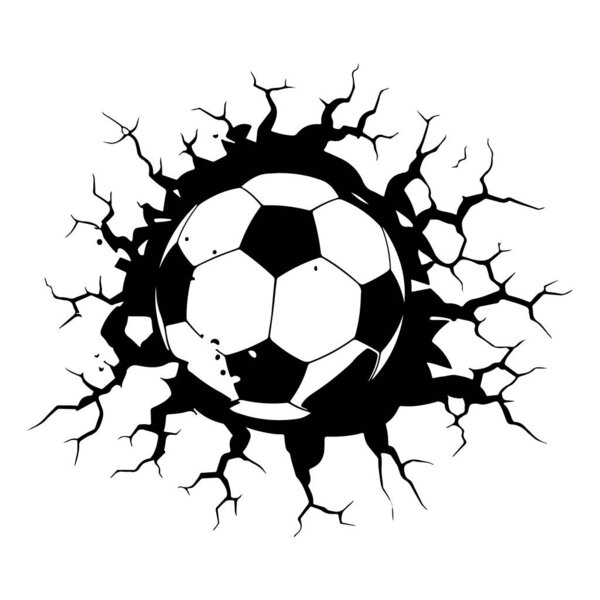 Мяч, прорывающийся сквозь стену с помощью ударов и ударов, спортивная графика для дизайна
