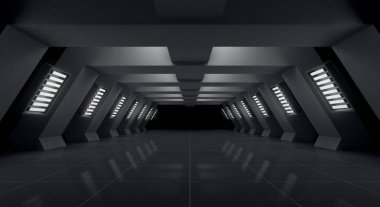Modern siyah fütüristik ve ışık tünel boş arka plan, 3d render