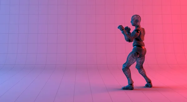 Робот Wireframe Охранник Позиции Градиент Красный Фиолетовый Фон Рендеринг — стоковое фото