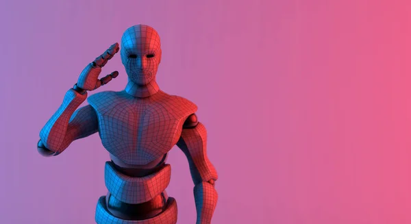Robot Saluer Wireframe Accuser Réception Sur Dégradé Fond Violet Rouge — Photo