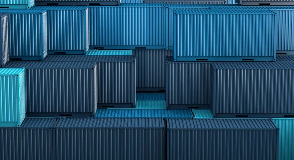 Pila della scatola blu dei contenitori, nave merci del carico per l'importazione expo — Foto Stock