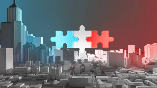 Merger and acquisition world politic concept, join blue and red (america and china) on puzzle pieces, 3d rendering