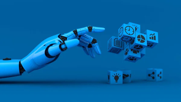 Robot Biru Mengelola Ikon Bisnis Dan Asisten Teknologi Mesin Untuk Stok Foto Bebas Royalti