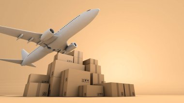 Kahverengi kutu ambalaj ve uçak yığını, dünya çapında ithalat ihracat işi, 3D imalat.