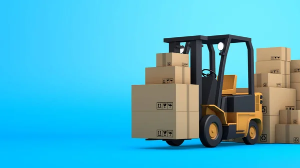 Stack of brown box packaging and forklift, import export shipping business, 3d rendering