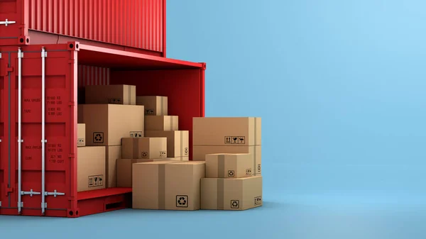 Kahverengi kutu ambalaj ve konteynır yığını, ithalat ihracat nakliyat işi, 3D görüntüleme