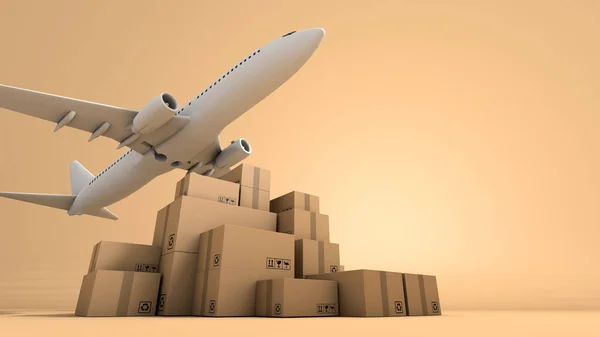 茶色のボックス包装と航空機のスタック 世界中の輸出入運送事業 3Dレンダリング — ストック写真