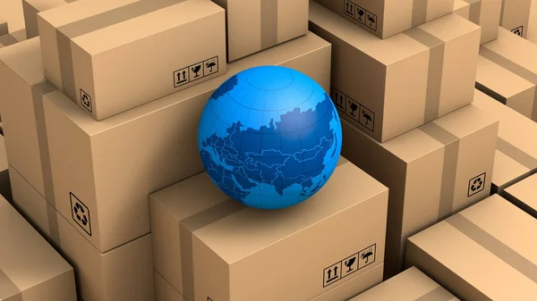 货物的褐色箱包装堆栈 全球进口出口航运业务 3D渲染 — 图库照片